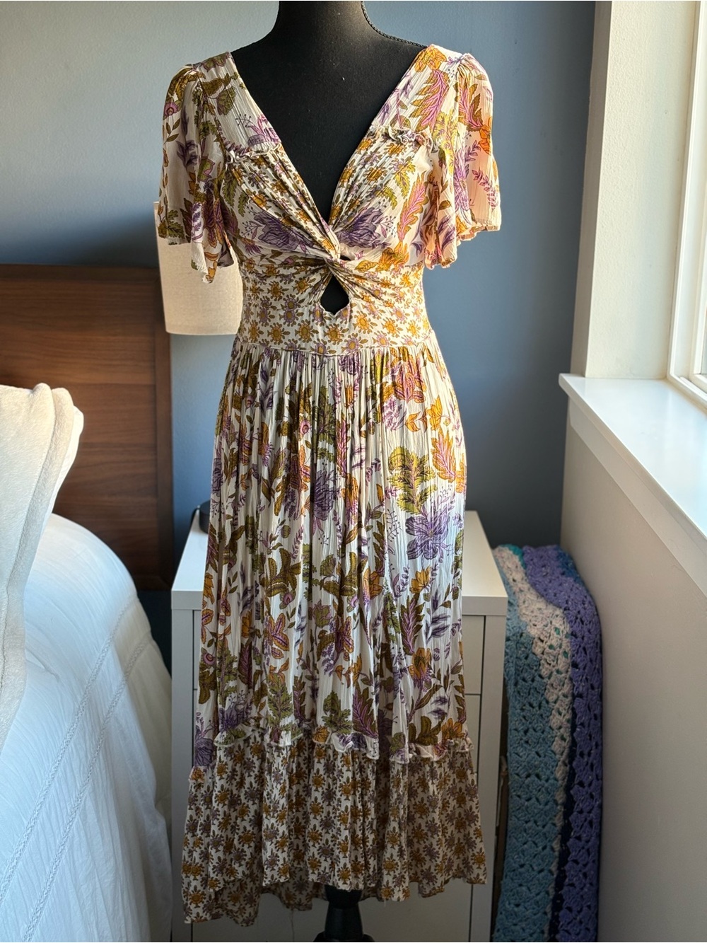 Angie Twist-Front Floral Flutter Sleeve High Low Maxi Dress